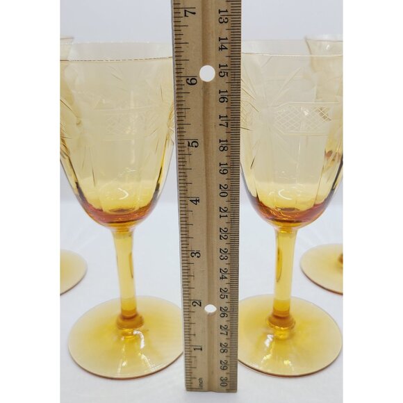Vintage Amber Glass Wine Goblets With Etched Floral Design Set of 4 MCM - Picture 8 of 10